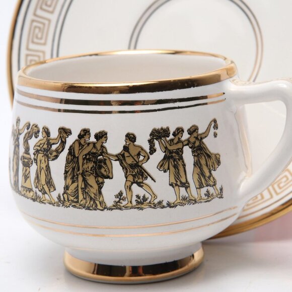 Vintage Arguros 24K Gold Greek Ceramic Cup & Saucer Set Handmade Greece White - Picture 15 of 15